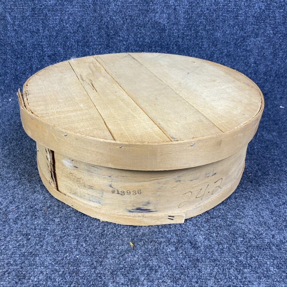 Dufeck's 15" Round Wooden Cheese Hat Box w/ Lid Denmark WI Vintage